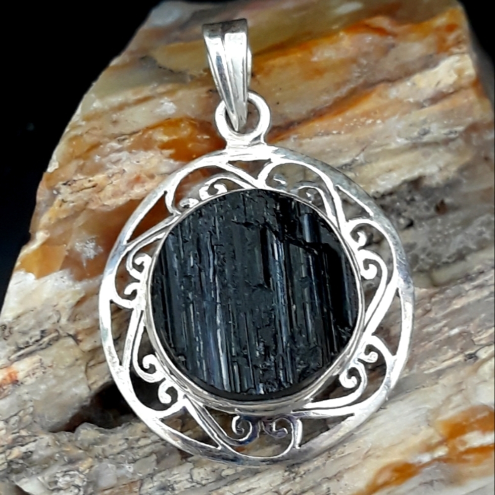 Handcrafted Rough Black Turmaline Silver Pendant